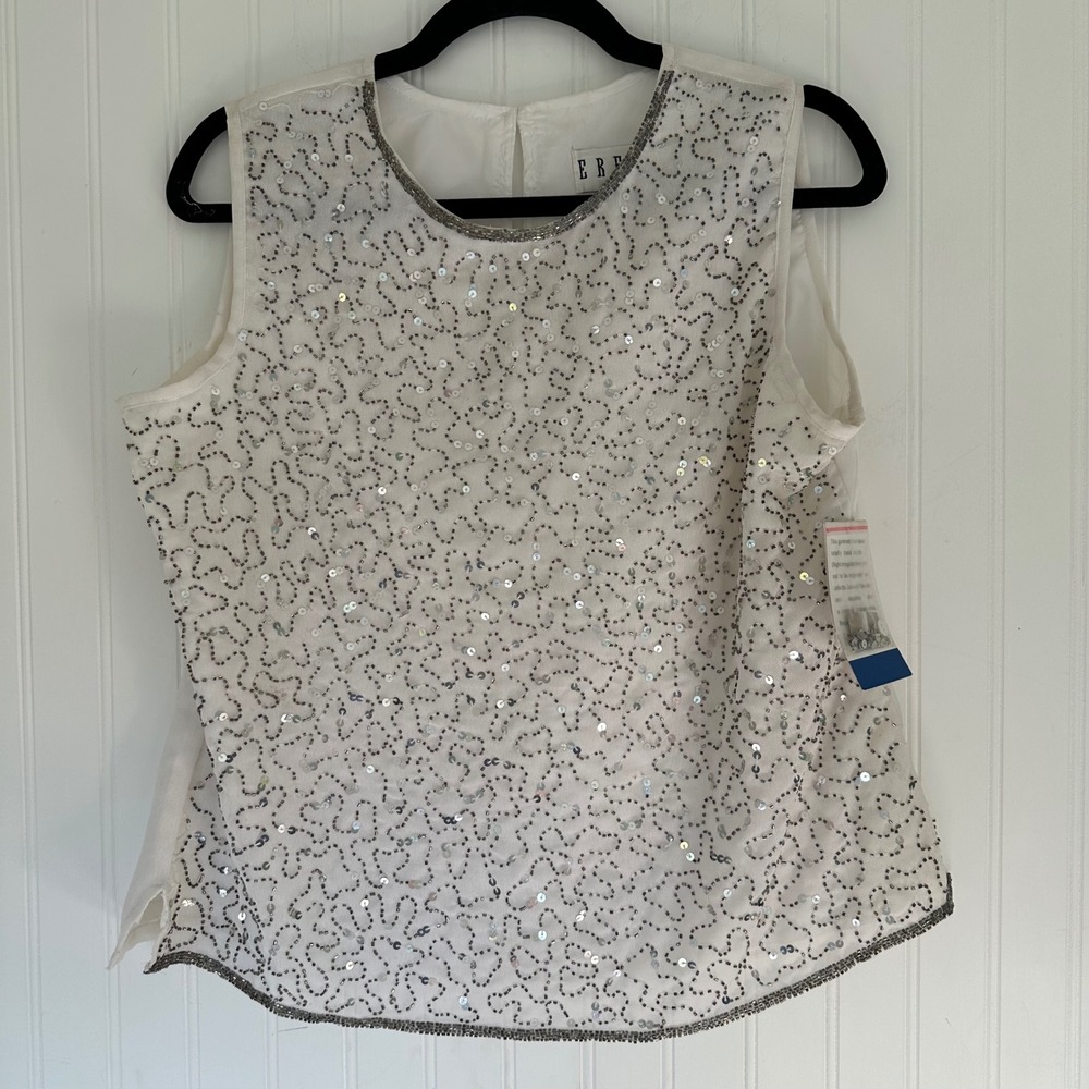 Erena Petite Beaded Sequin Sleeveless Top Party Tank‎ Blouse Ivory L